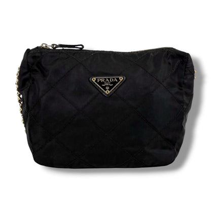 Prada Quilted Processing Triangle Logo Chain Shoulder Bag Pochette Black — view 2
