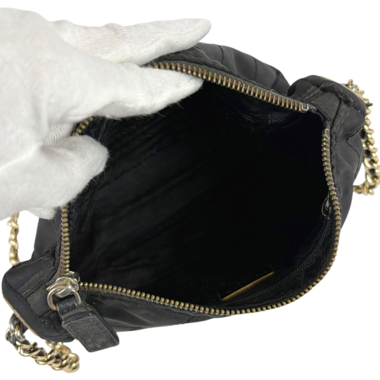 Prada Quilted Processing Triangle Logo Chain Shoulder Bag Pochette Black — view 9