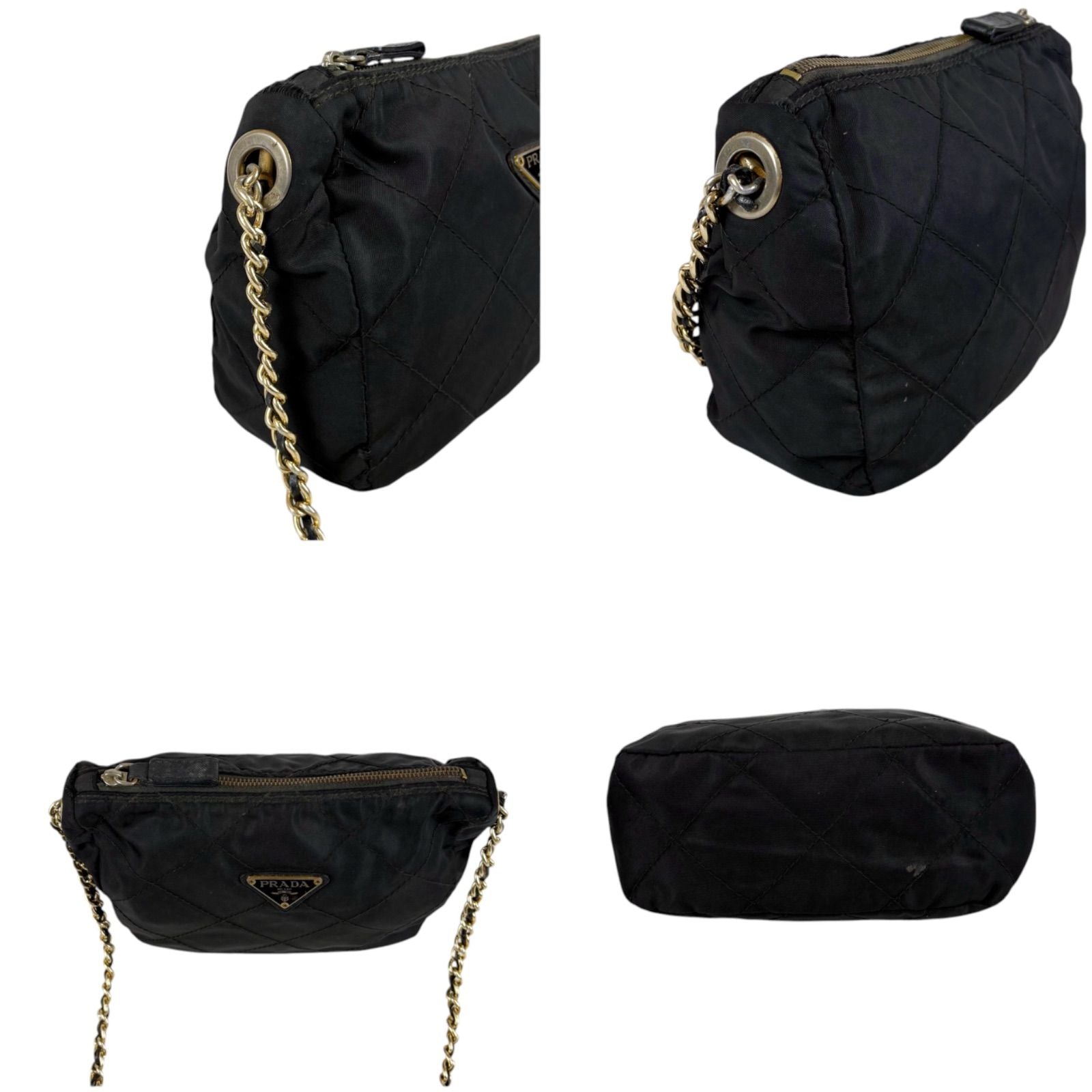 Prada Quilted Processing Triangle Logo Chain Shoulder Bag Pochette Black — view 4