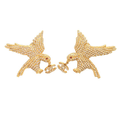 Chanel CC Logo Eagle Metal Line Stone Gold Earrings