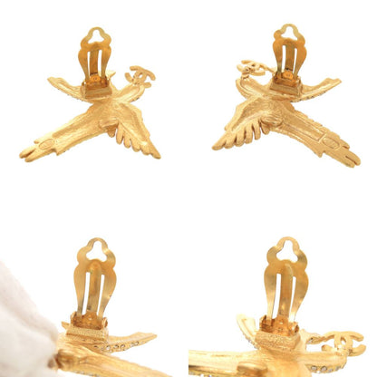 Chanel CC Logo Eagle Metal Line Stone Gold Earrings — view 9