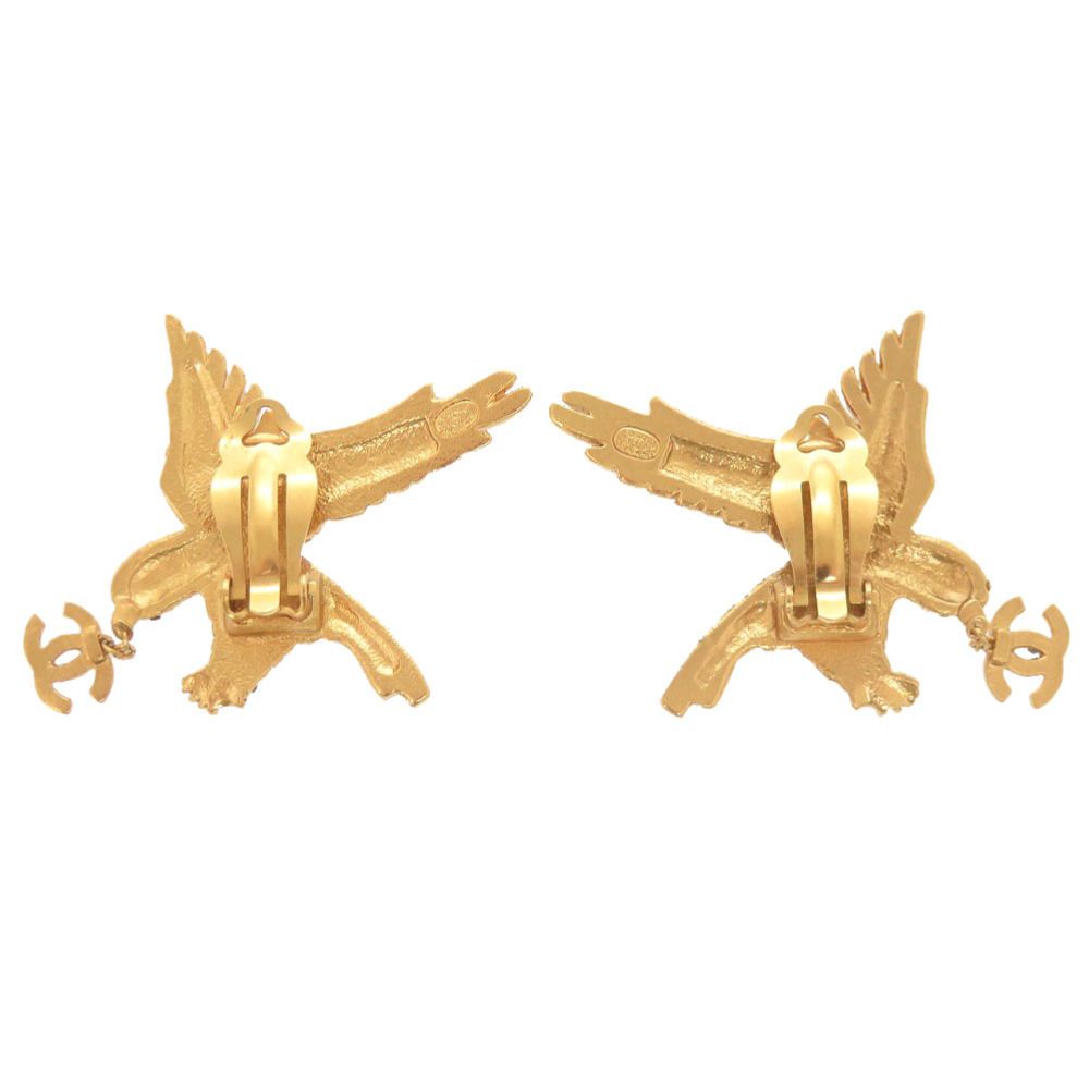 Chanel CC Logo Eagle Metal Line Stone Gold Earrings — view 3