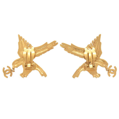 Chanel CC Logo Eagle Metal Line Stone Gold Earrings — view 3