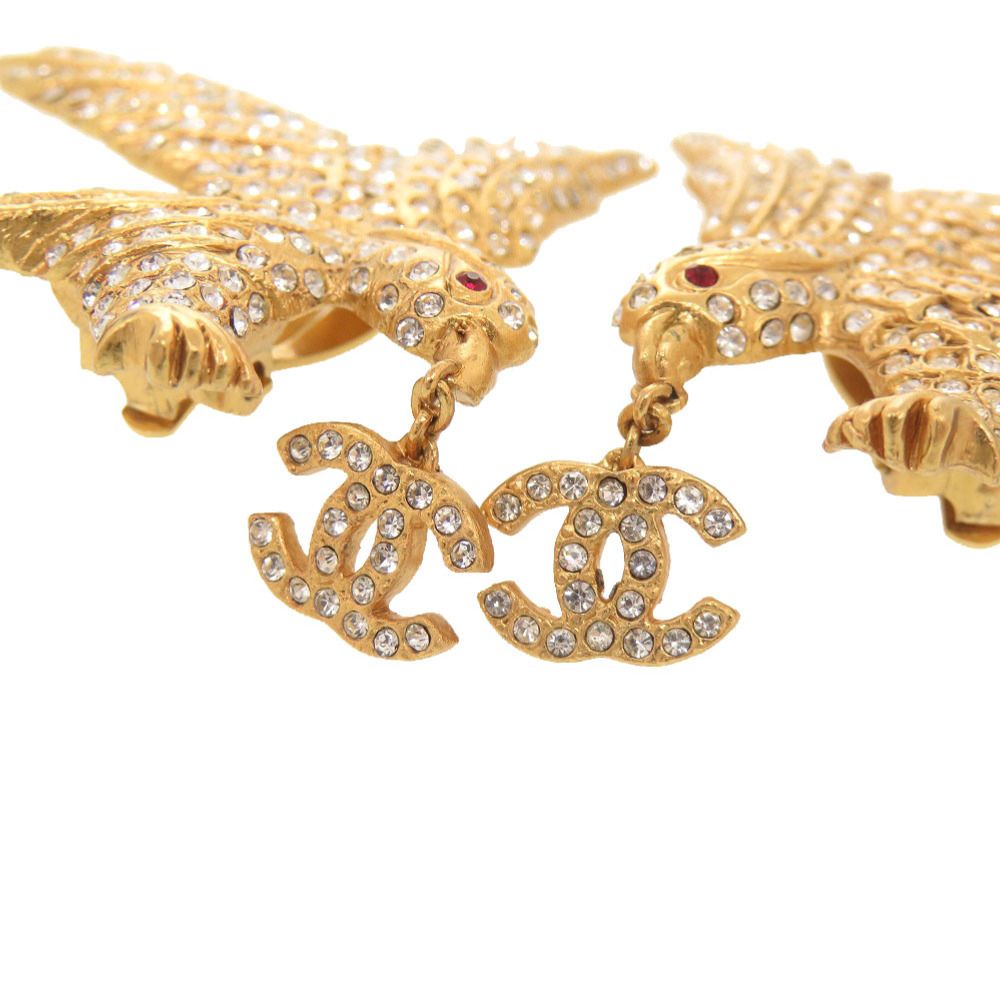 Chanel CC Logo Eagle Metal Line Stone Gold Earrings — view 4