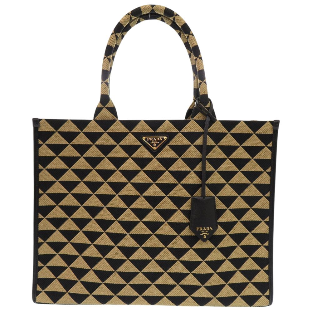 Prada Symbol Embroidery Fabric Large Handbag Leather Beige Black
