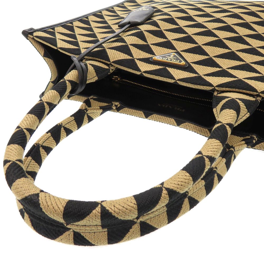 Prada Symbol Embroidery Fabric Large Handbag Leather Beige Black — view 5