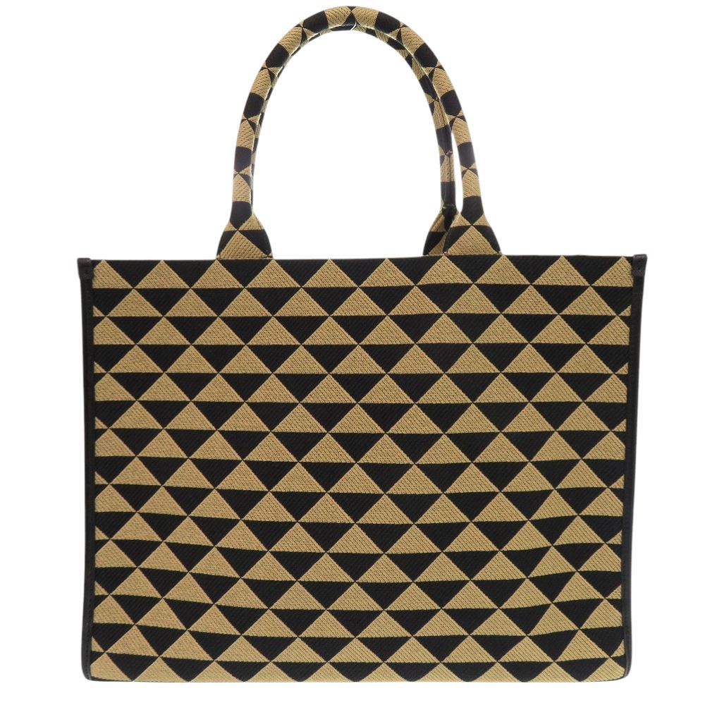 Prada Symbol Embroidery Fabric Large Handbag Leather Beige Black — view 2