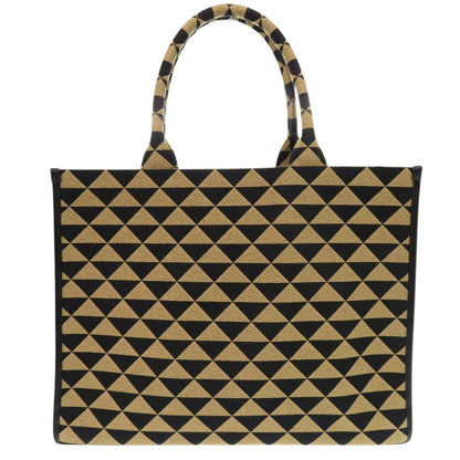 Prada Symbol Embroidery Fabric Large Handbag Leather Beige Black — view 2