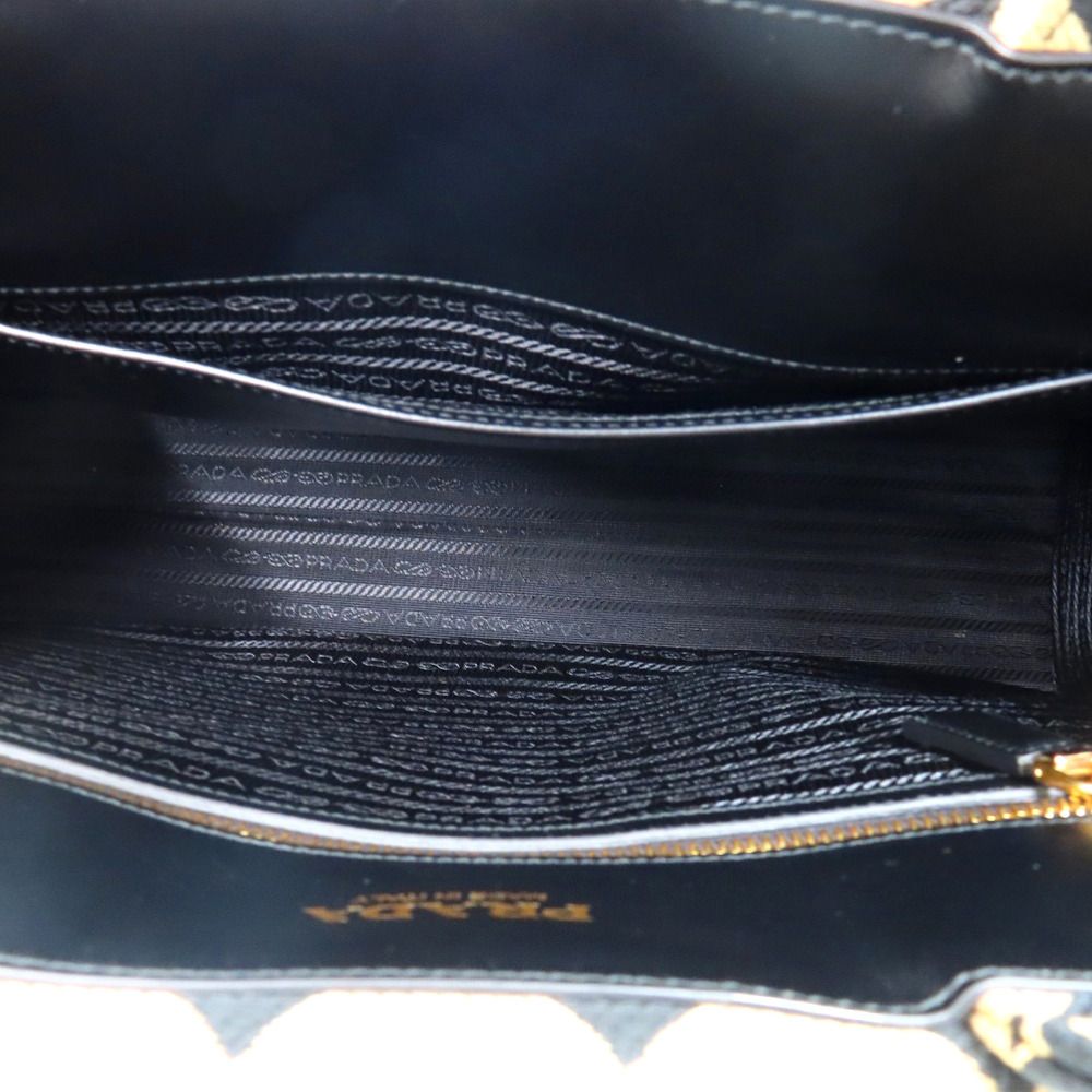 Prada Symbol Embroidery Fabric Large Handbag Leather Beige Black — view 6