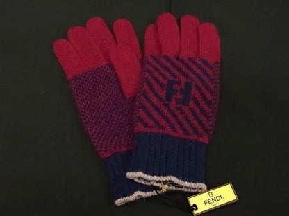 Fendi Glove FF Logo Wine Red Navy 60% Wool 20% Angora Nylon Gloves — view 2