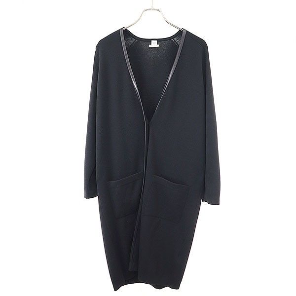 Hermes Leather Trim Wool Long Cardigan Black 40