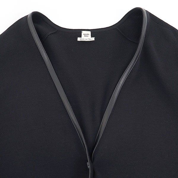 Hermes Leather Trim Wool Long Cardigan Black 40 — view 4