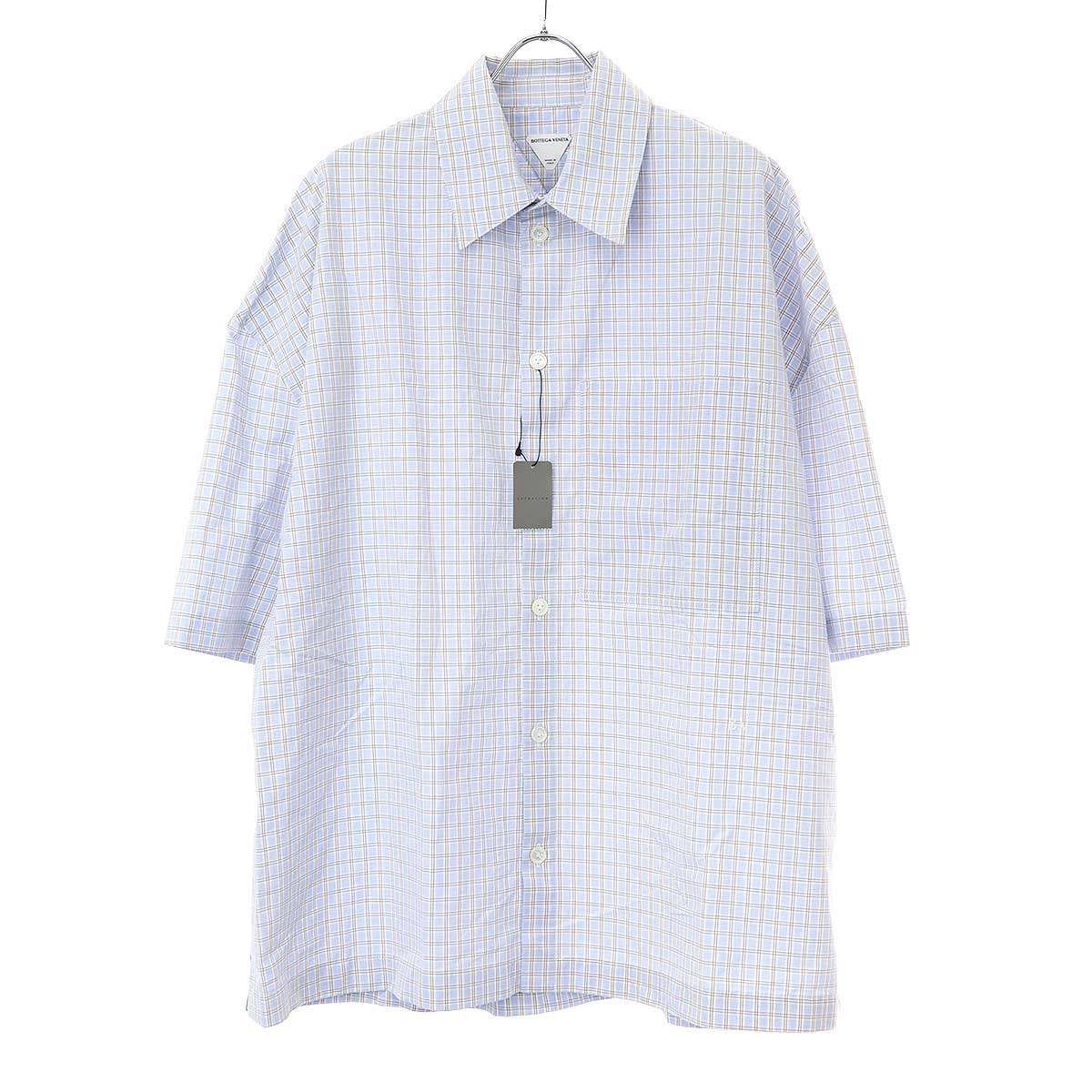 Bottega Veneta Cotton Linen BV Embroidery Check Over Shirt Blue 48