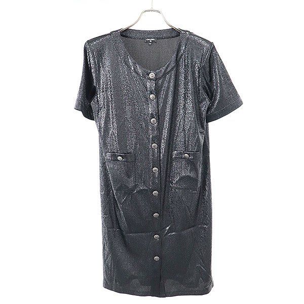 Chanel CC Logo Button Metallic Dress Black 42