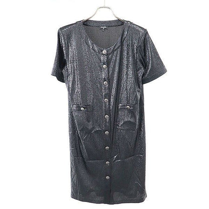 Chanel CC Logo Button Metallic Dress Black 42