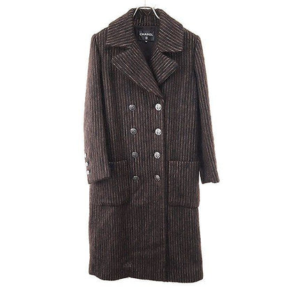 Chanel Medal Button Stripe Double Breasted Coat Brown 38