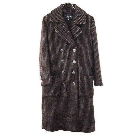 Chanel Medal Button Stripe Double Breasted Coat Brown 38