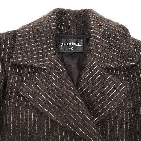 Chanel Medal Button Stripe Double Breasted Coat Brown 38 — view 4