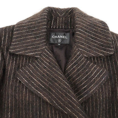 Chanel Medal Button Stripe Double Breasted Coat Brown 38 — view 4