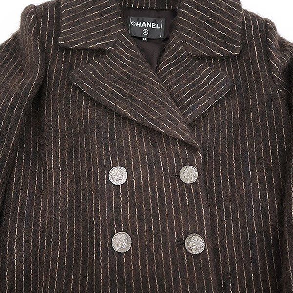 Chanel Medal Button Stripe Double Breasted Coat Brown 38 — view 8