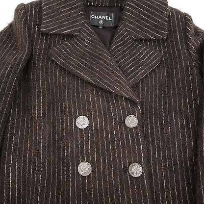 Chanel Medal Button Stripe Double Breasted Coat Brown 38 — view 8