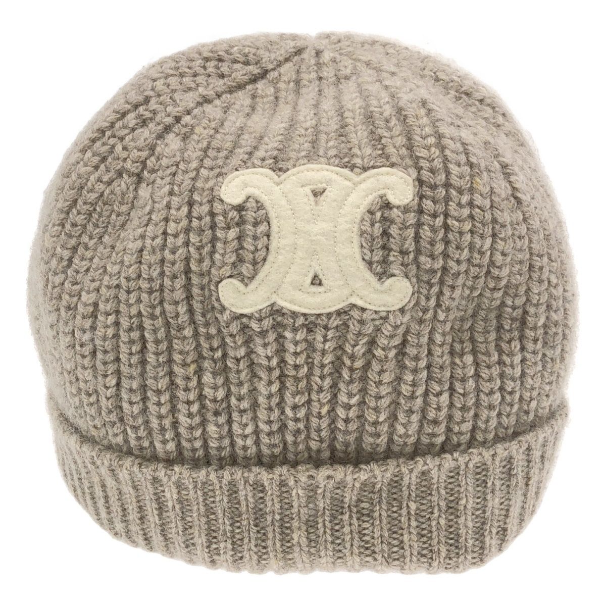 Celine Triomphe Patch Knit Cap Seamless Cashmere Beige TU Hat