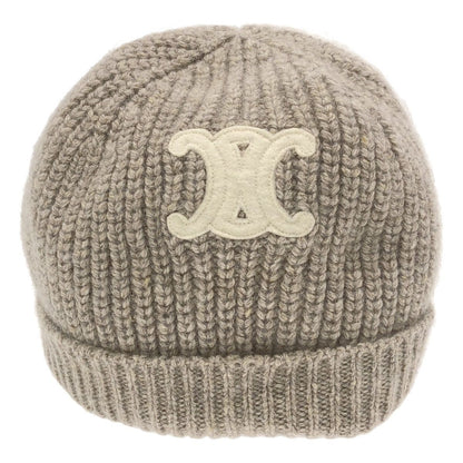 Celine Triomphe Patch Knit Cap Seamless Cashmere Beige TU Hat