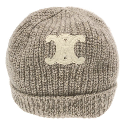 Celine Triomphe Patch Knit Cap Seamless Cashmere Beige TU Hat
