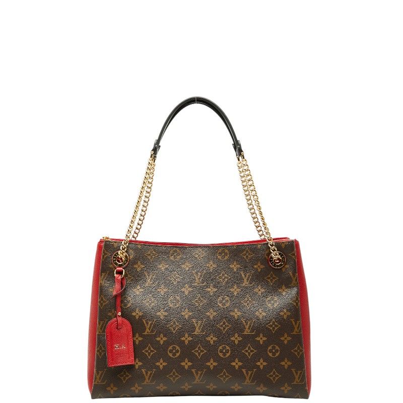 Louis Vuitton Monogram Calf MM Tote Shoulder Bag Brown Cerise Red Leather