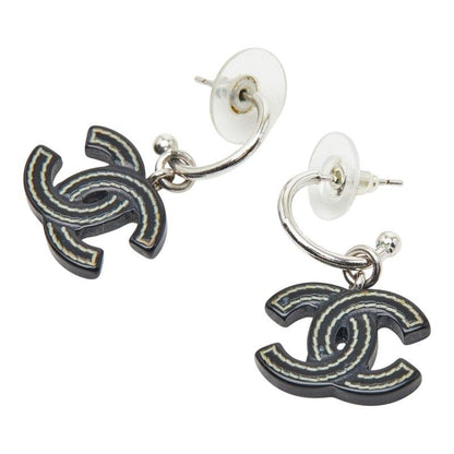 Chanel CC Logo Earrings Silver Black Metal Plastic