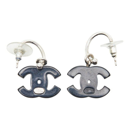 Chanel CC Logo Earrings Silver Black Metal Plastic — view 3