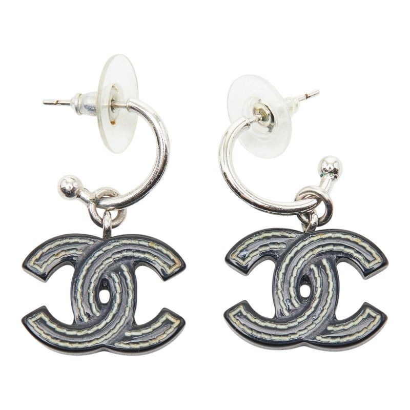 Chanel CC Logo Earrings Silver Black Metal Plastic — view 2