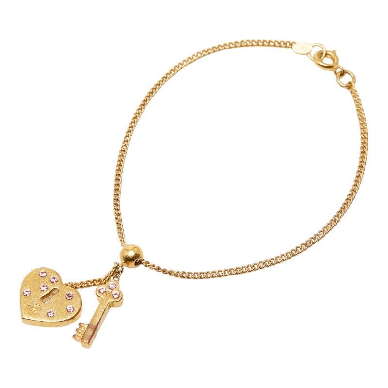 Chanel CC Logo Heart Key Bracelet Gold Plated Line Stone