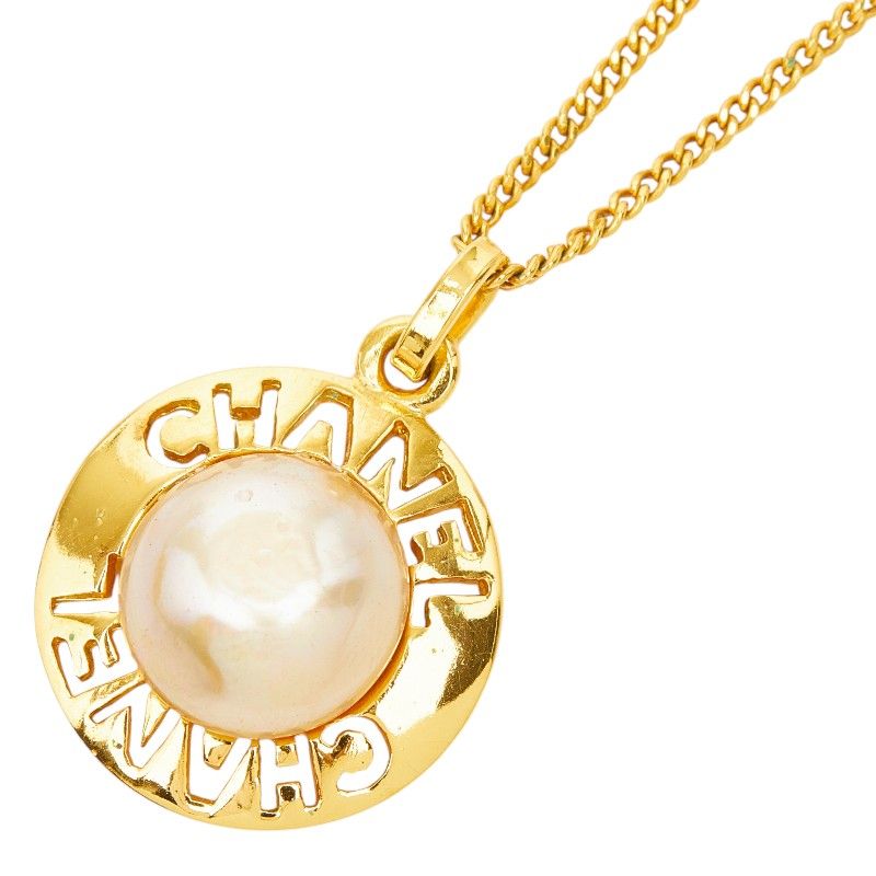 Chanel Logo Necklace Gold Plated Faux Pearl