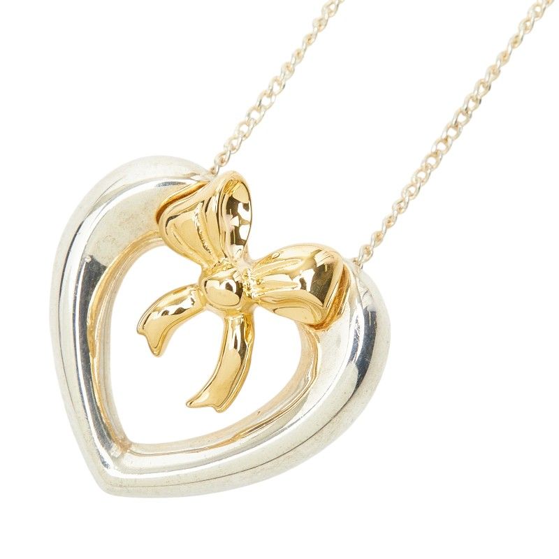 Tiffany & Co Heart Ribbon Necklace Silver 18k Yellow Gold