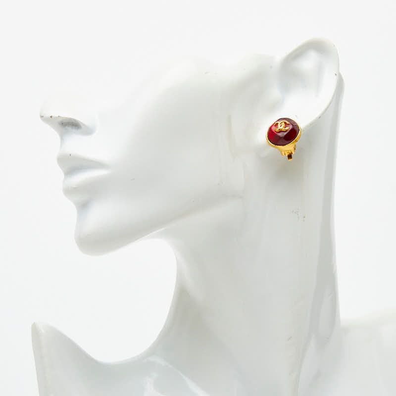 Chanel CC Logo Gripoix Earrings Gold Red Plated — view 5