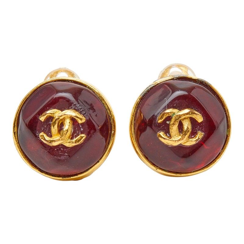 Chanel CC Logo Gripoix Earrings Gold Red Plated — view 2