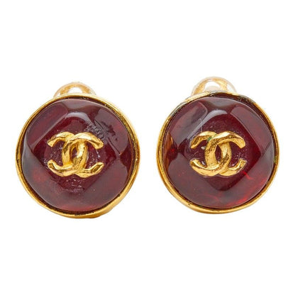 Chanel CC Logo Gripoix Earrings Gold Red Plated — view 2