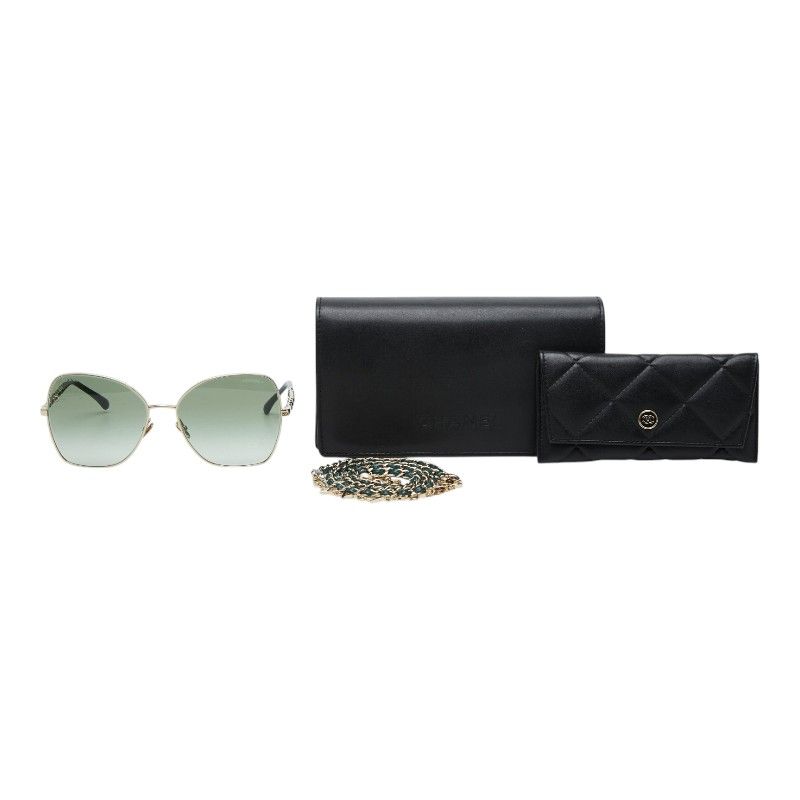 Chanel CC Logo Butterfly Sunglasses Green Gold Plated Leather 1- Eyewear — view 9