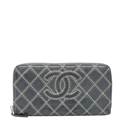 Chanel CC Logo Ultra Stitch Round Zip Wallet Gray Lambskin