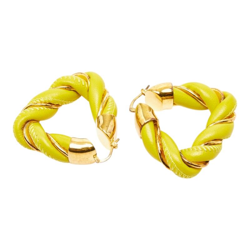 Bottega Veneta Twist Triangle Hoop Earrings Yellow Gold Leather Silver