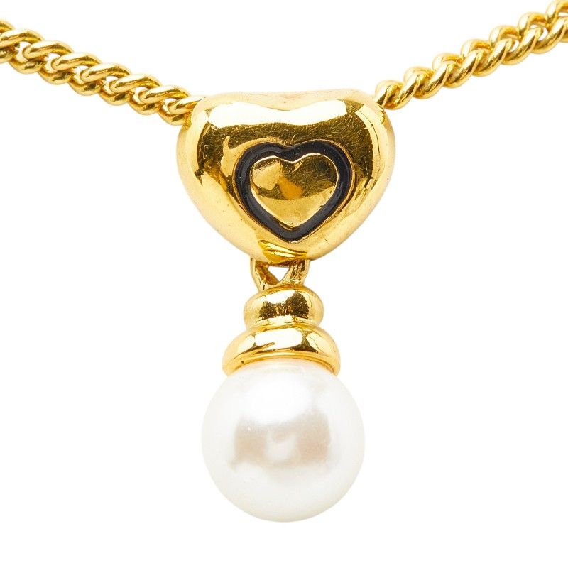 Dior Heart Pendant Necklace Gold Plated Faux Pearl — view 2