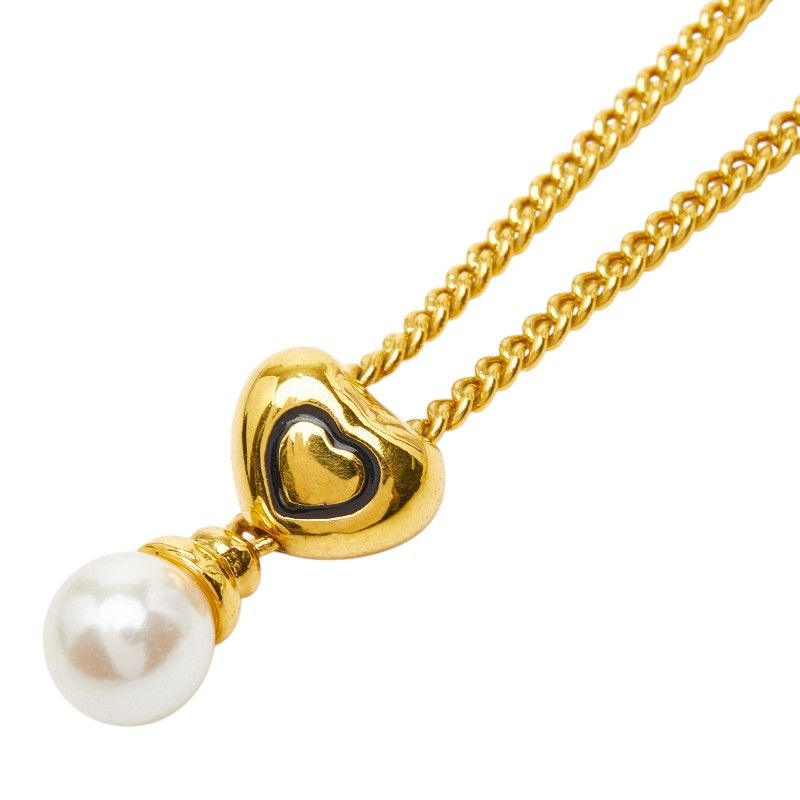 Dior Heart Pendant Necklace Gold Plated Faux Pearl