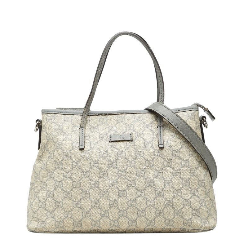 Gucci GG Supreme Tote Shoulder Bag 2-Way Beige Gray Leather