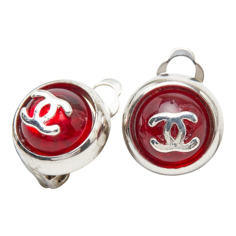Chanel CC Logo Round Earrings Silver Red Metal