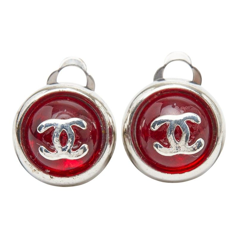 Chanel CC Logo Round Earrings Silver Red Metal — view 2