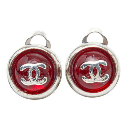 Chanel CC Logo Round Earrings Silver Red Metal — view 2