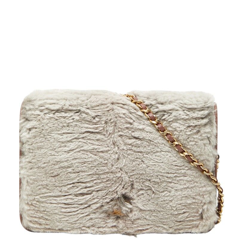 Chanel CC Logo Chain Wallet Shoulder Bag Gray Pink Leather