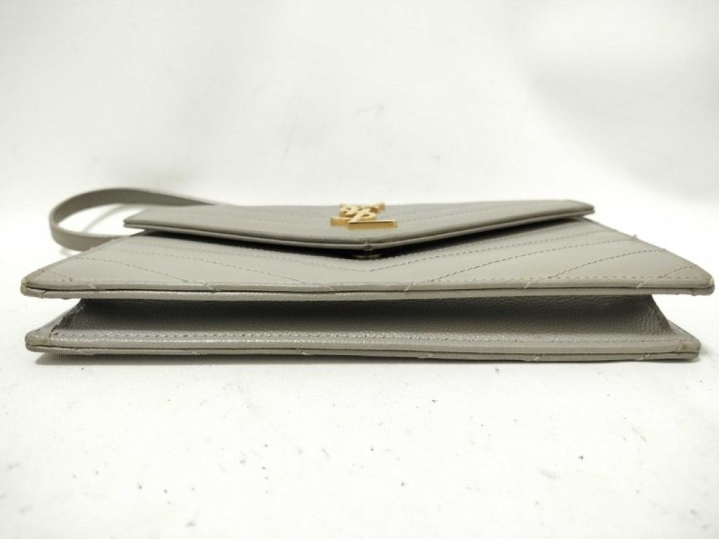 Saint Laurent Yves Chain Wallet Cassandra Gray Leather Stitch Gold — view 3