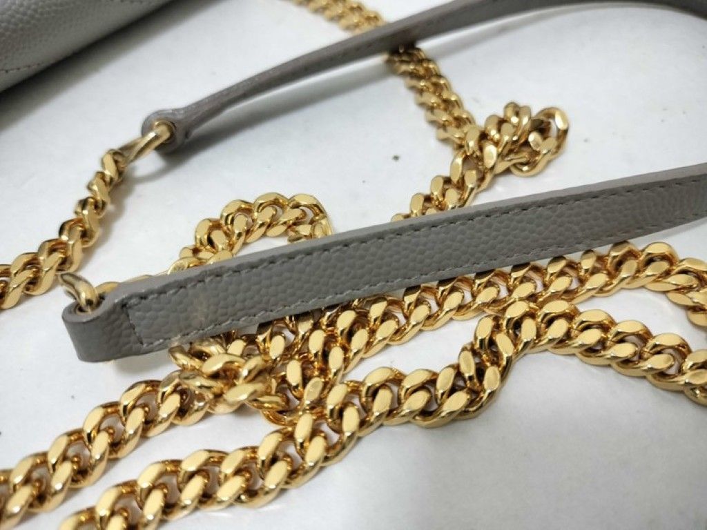 Saint Laurent Yves Chain Wallet Cassandra Gray Leather Stitch Gold — view 4